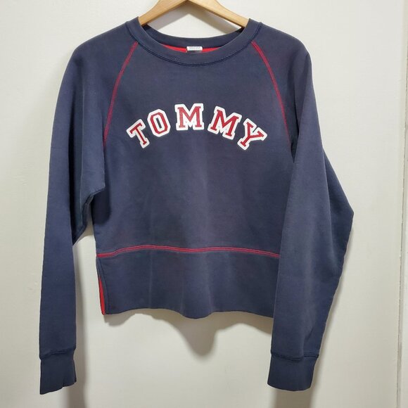TOMMY HILFIGER Vintage 90s Spell-Out Crewneck Sweatshirt Cropped Women's Large - Picture 1 of 11